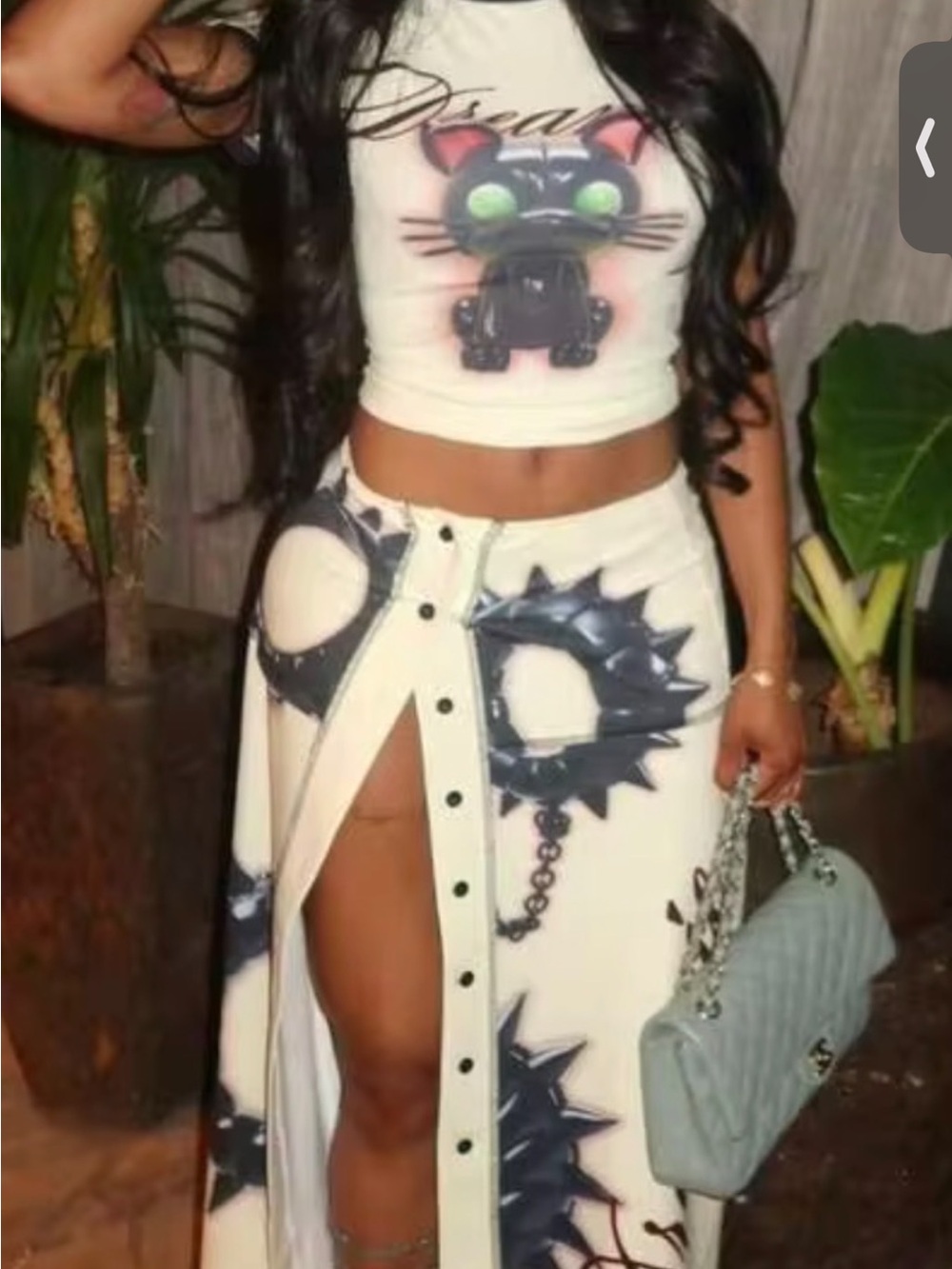 White Graphic Button-Front Maxi Skirt with Side Slit